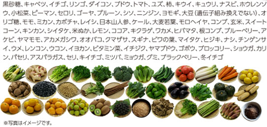 黒砂糖、キャベツ、イチゴ、リンゴ、ダイコン、ブドウ、トマト、ユズ、柿、キウイ、キュウリ、ナスビ、ホウレンソウ、小松菜、ピーマン、セロリ、ゴーヤ、プルーン、シソ、ニンジン、ヨモギ、大豆（遺伝子組み換えでない）、オリゴ糖、モモ、ミカン、カボチャ、レイシ、日本山人参、ケール、大麦若葉、モロヘイヤ、コンブ、玄米、スイートコーン、キンカン、シイタケ、米ぬか、レモン、ココア、キクラゲ、ワカメ、ヒバマタ、根コンブ、ブルーベリー、アケビ、ヤマモモ、アカメガシワ、オオバコ、クマザサ、スギナ、ビワの葉、マイタケ、ヒジキ、ナシ、チンゲンサイ、ウメ、レンコン、ウコン、イヨカン、ビタミン菜、イチジク、ヤマブドウ、ゴボウ、ブロッコリー、ショウガ、カリン、パセリ、アスパラガス、セリ、キイチゴ、ミツバ、ミョウガ、グミ、ブラックベリー、冬イチゴ