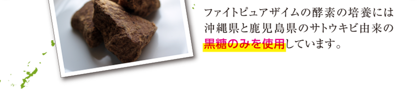 ファイトピュアザイムの酵素の培養には沖縄県と鹿児島県のサトウキビ由来の黒糖のみを使用しています。
