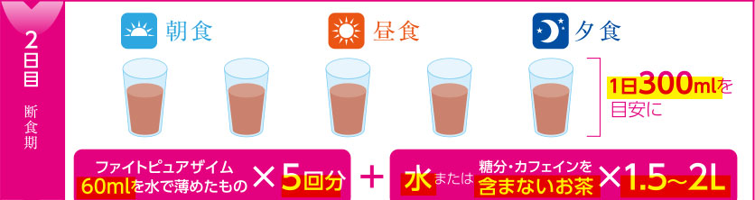 2日目断食期：ファイトピュアザイム60mlを水で薄めたもの×5回分+水または糖分・カフェインを含まないお茶1.5～2L